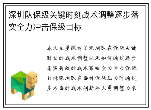 深圳队保级关键时刻战术调整逐步落实全力冲击保级目标