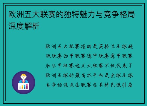 欧洲五大联赛的独特魅力与竞争格局深度解析